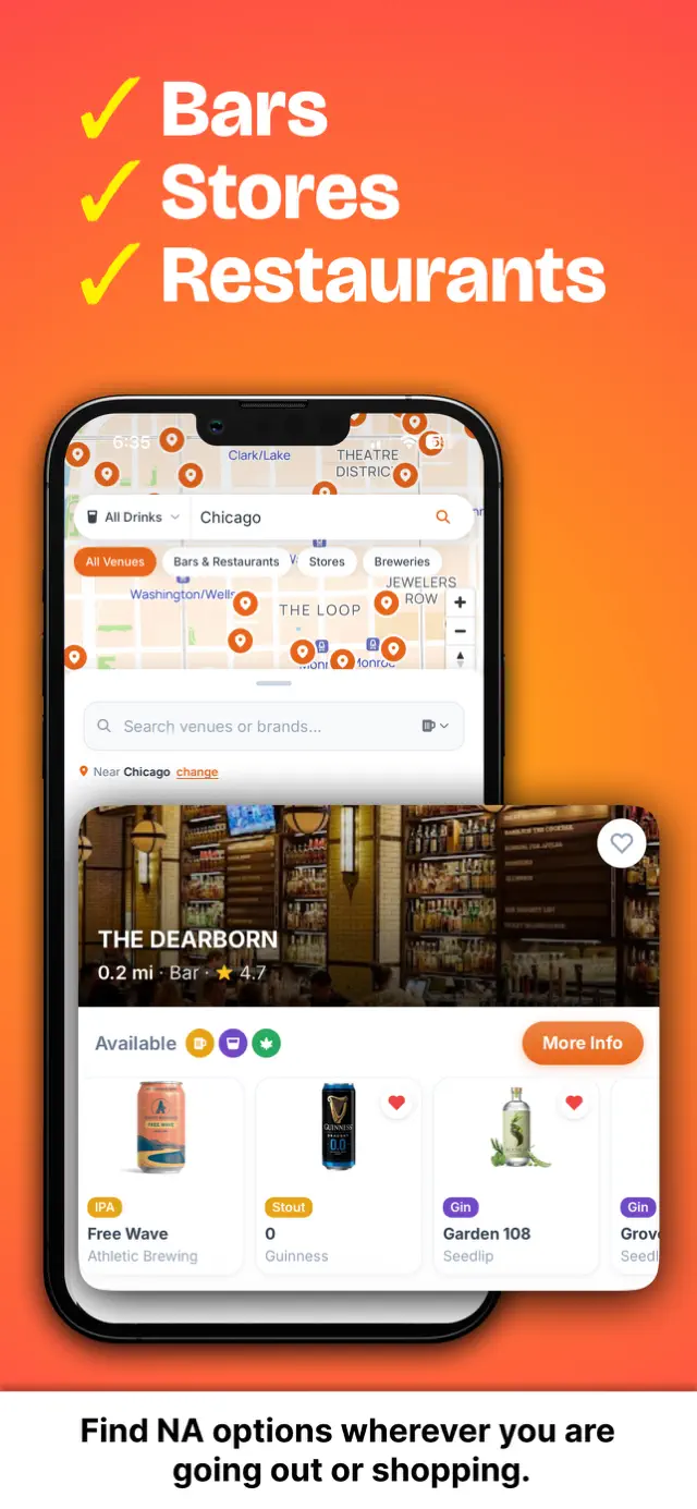 ChillMaps app filtering a Chicago map by bars, stores, and restaurants with non-alcoholic drinks