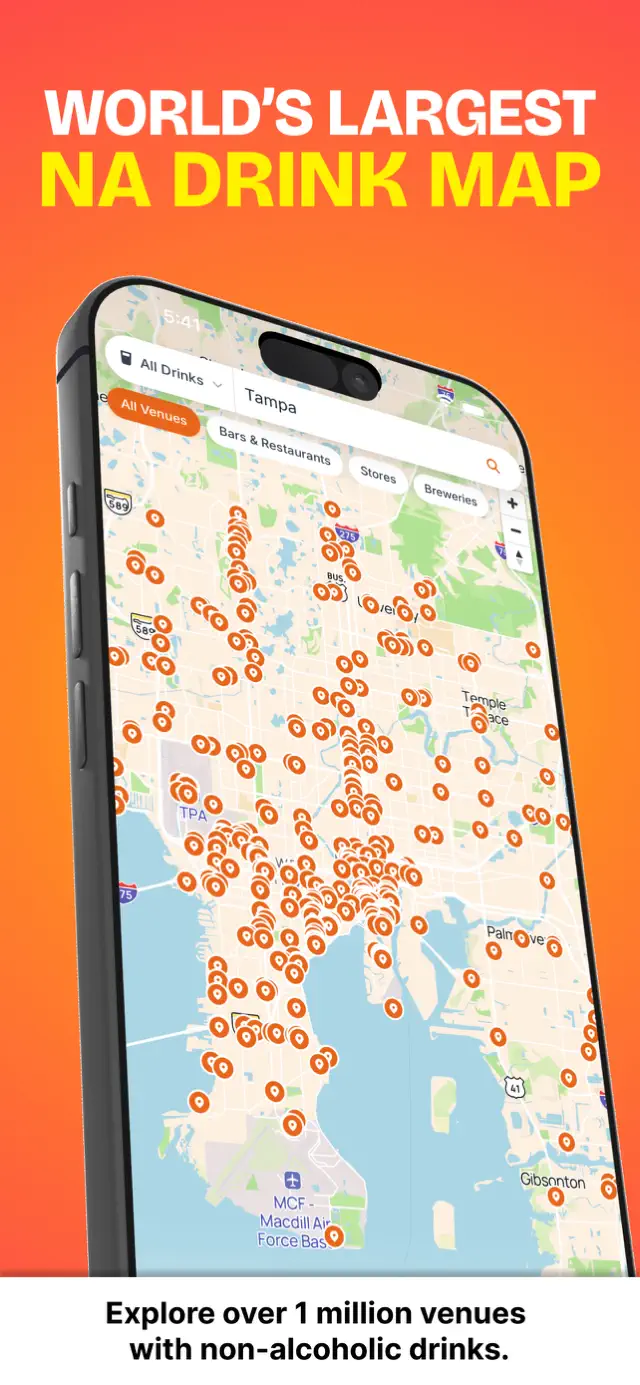 ChillMaps app map covered in pins for venues with non-alcoholic drinks across a city