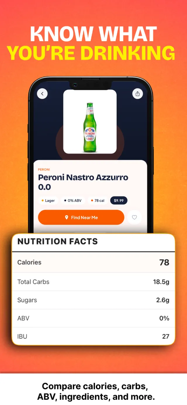 ChillMaps app drink page for Peroni 0.0 showing nutrition facts with calories, carbs, and ABV