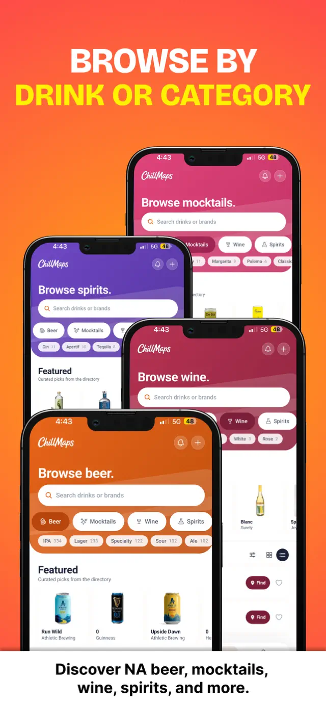 ChillMaps app browsing non-alcoholic wine and spirits categories with style filters