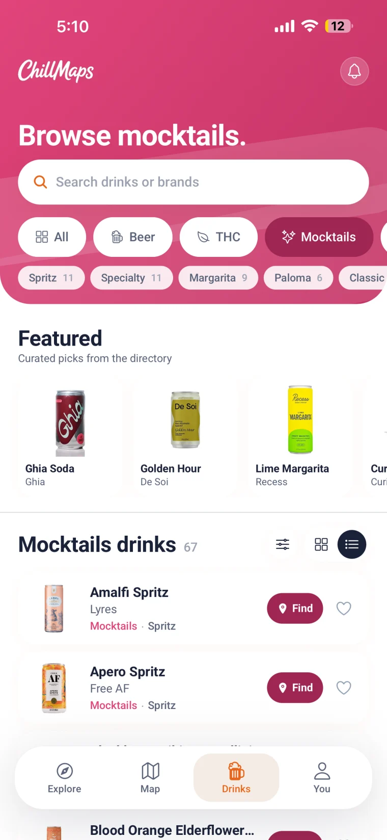 ChillMaps app browsing mocktails by style with featured picks