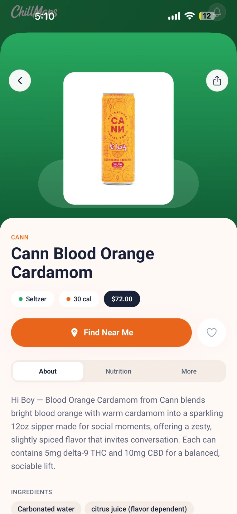 ChillMaps app THC drink page for Cann with dose and ingredients