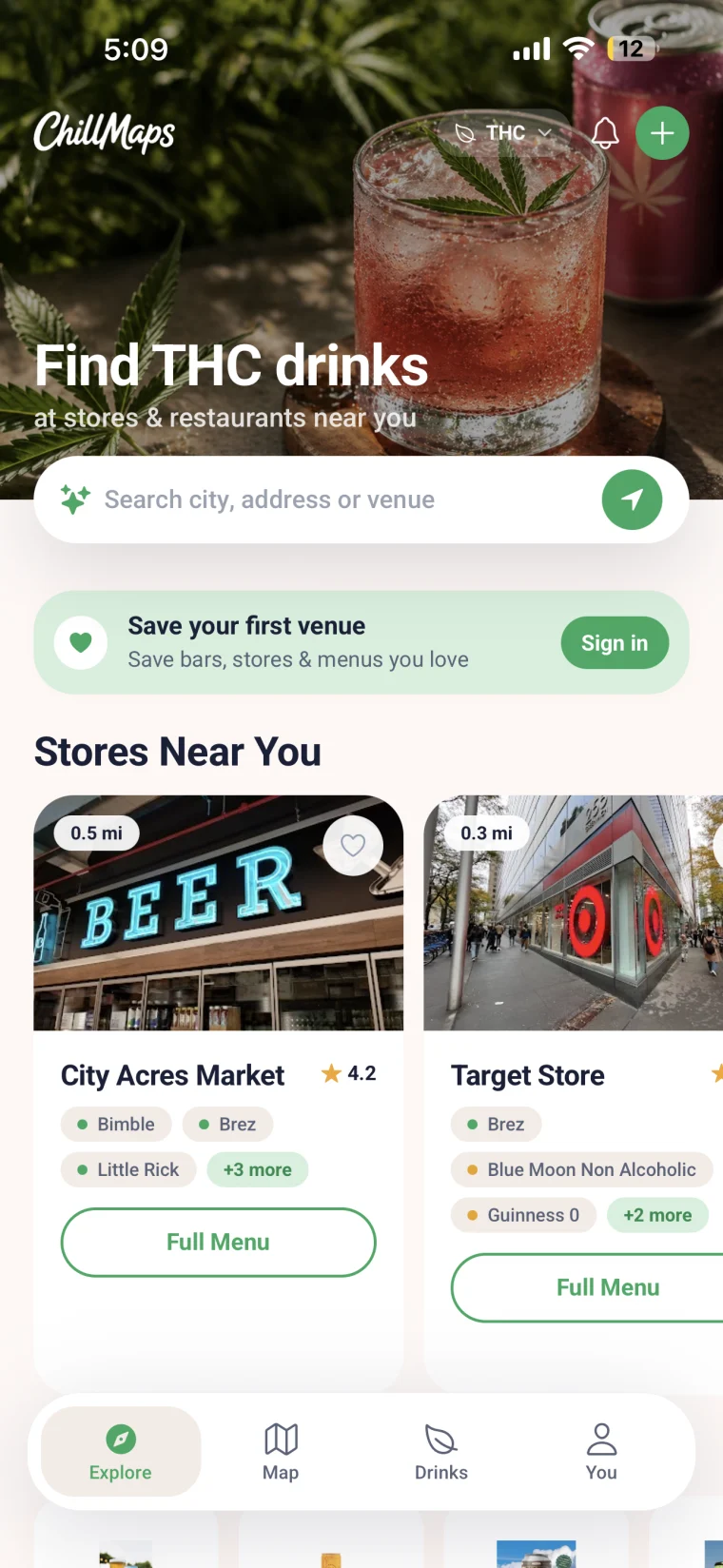 ChillMaps app showing THC drinks near you