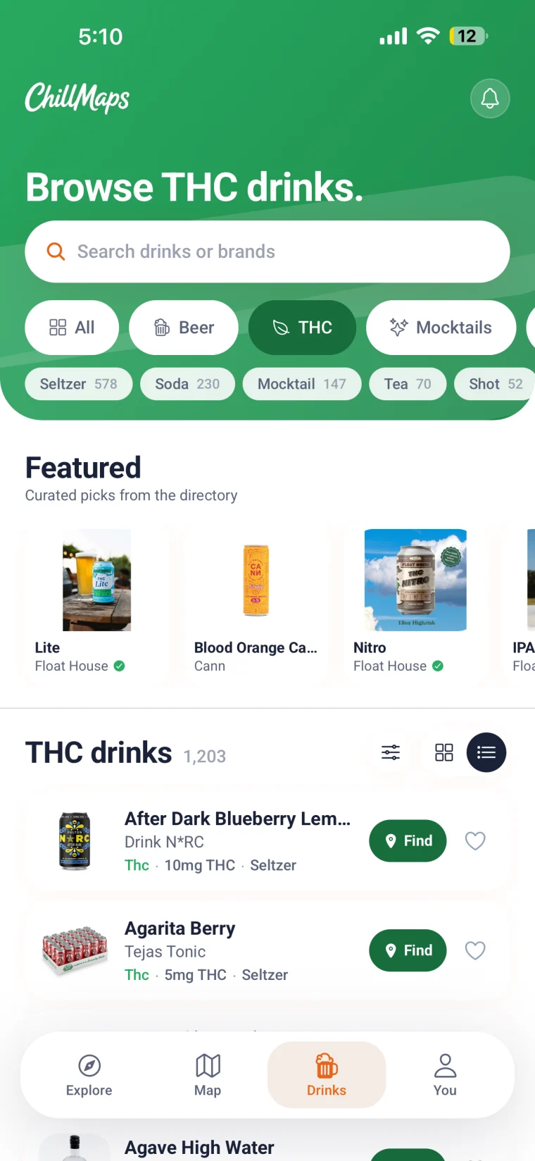 ChillMaps app filtering THC drinks