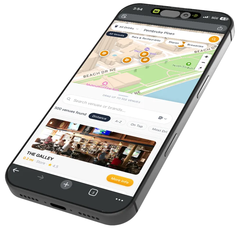 NA Beer Finder app showing nearby venues on a map